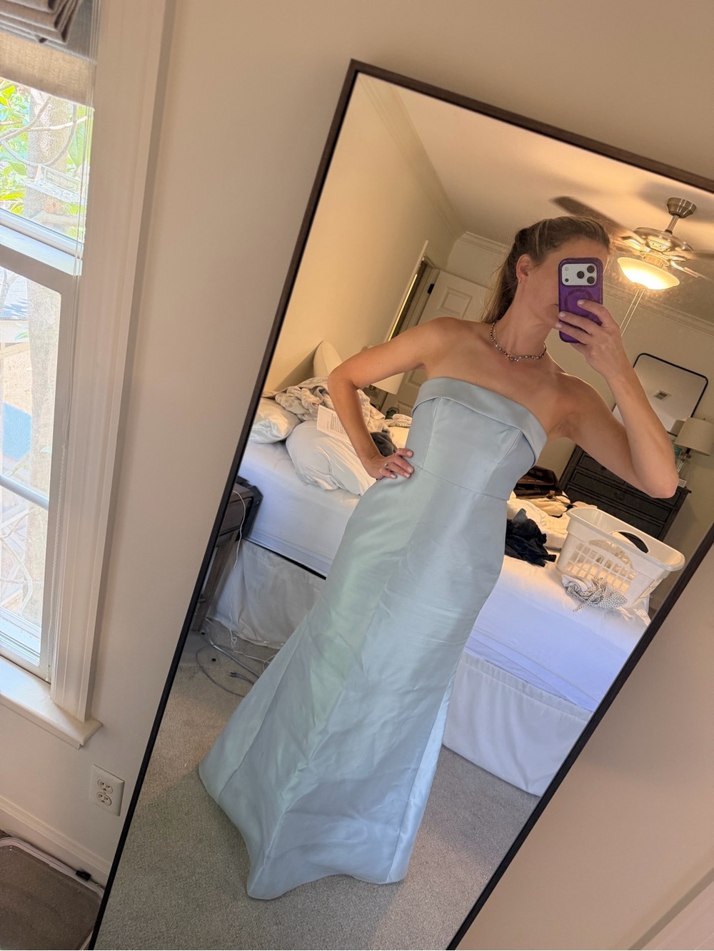 ALFRED SUNG Strapless Dress in color Mist; Blue Satin Evening Gown